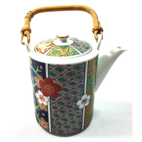 Oriental Teapot & 4 Tea Cups Green Red Blue Floral Gold Rattan Handle Home Decor - Picture 3 of 13